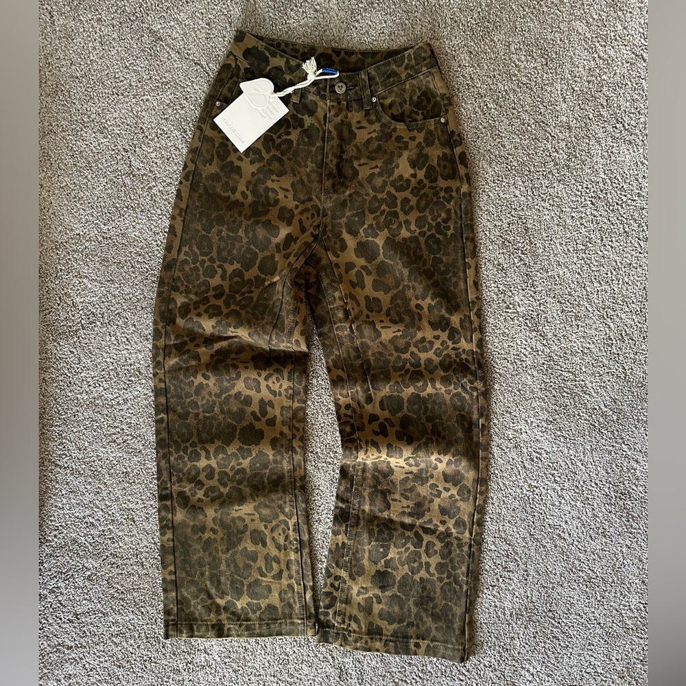 NWT AELFRIC EDEN Leopard Animal Print Baggy Wide Leg Brown Jeans Streetwear Sz28